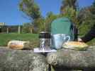 Lunch with real coffee. How decadent. You can tell I'm not on the Kiwi Experience at the moment